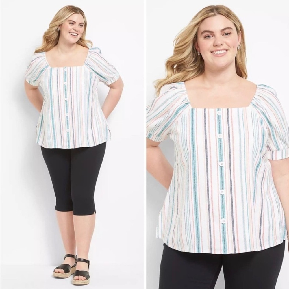 Lane Bryant Square-Neck Striped Top Linen Blend Coastal Beachy Plus Sz 24
